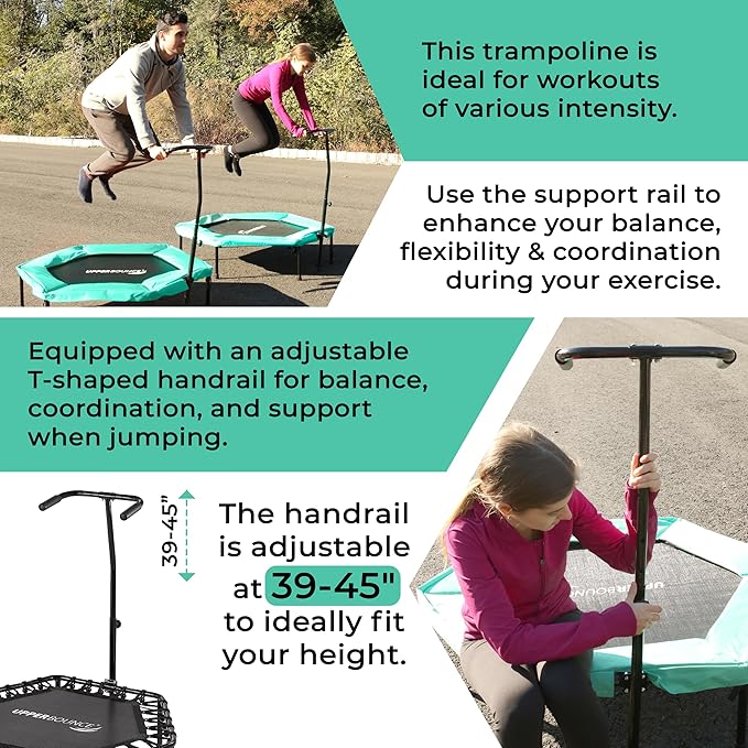 Upper Bounce Mini Workout Trampoline with Adjustable T-Shaped Handrail – Hexagonal Rebounder Trampoline for Kids & Adults – Fitness & Recreational Trampolines, Supports up to 220 lbs.