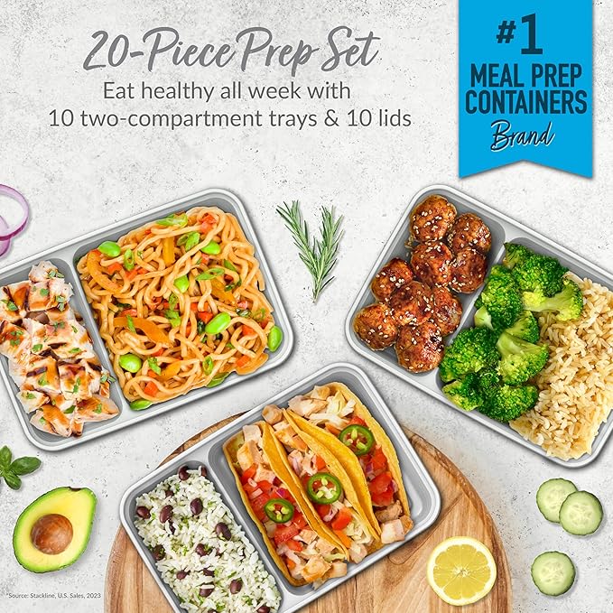 Bentgo 20-Piece Lightweight, Durable, Reusable BPA-Free 2-Compartment Containers - Microwave, Freezer, Dishwasher Safe - Silver