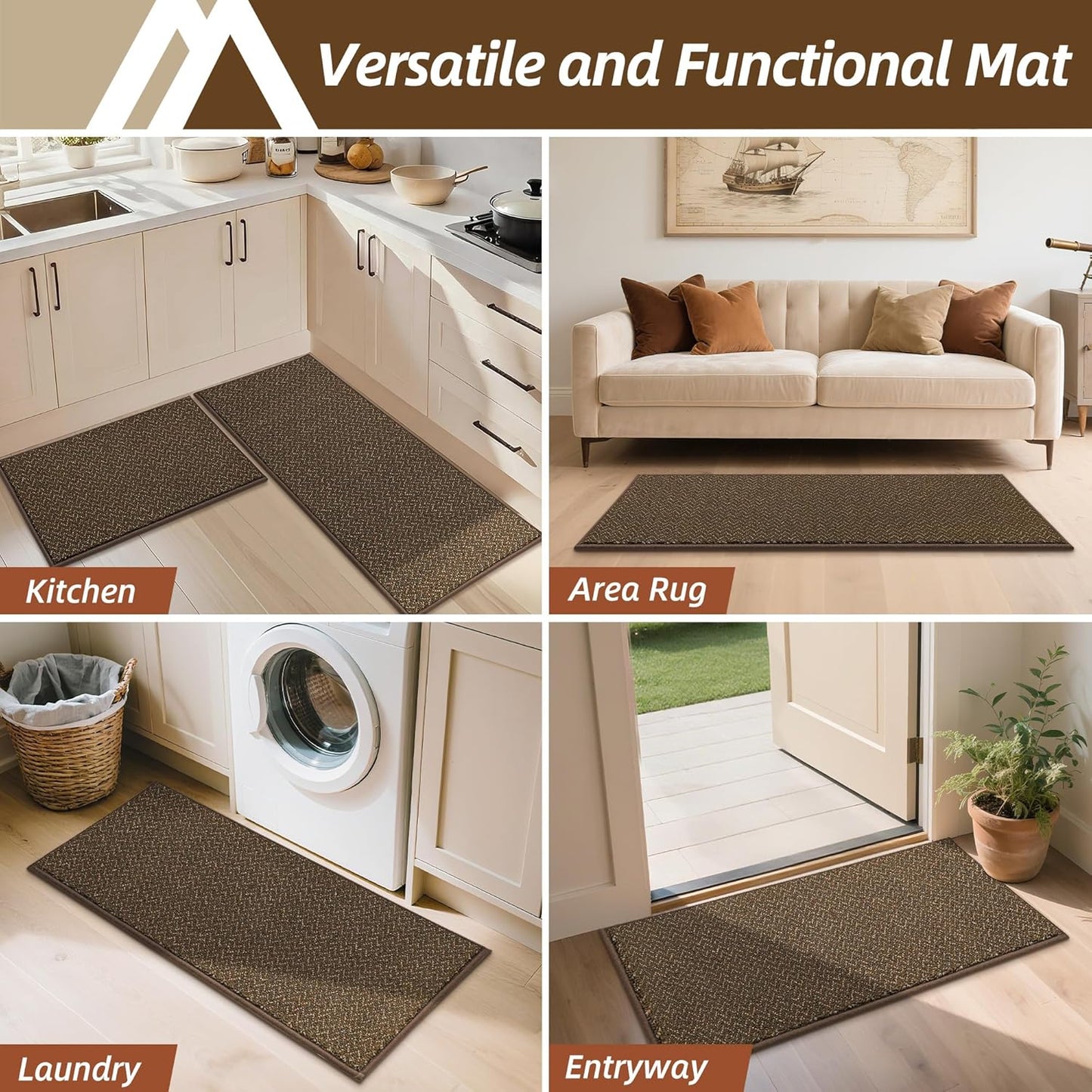 COSY HOMEER Kitchen Rugs and Mats 2PCS Non Slip Kitchen Mats for Floor Washable Stain Resistant Kitchen Runner Rug Sets Absorbent Kitchen Floor Mat 20"x32"+20"x48",Brown