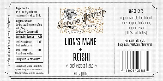 Hodgins Harvest Organic Lion’s Mane + Reishi Tincture | Made with Mushrooms Grown On Our Farm in The USA | Dual Extract | Extra-Concentrated (4 fl oz)