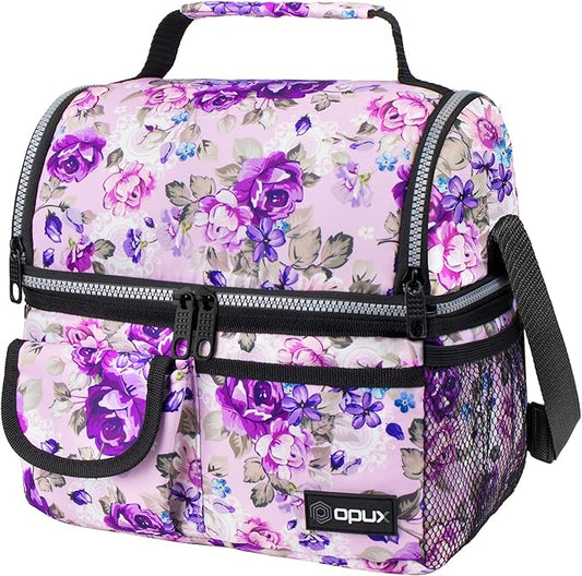 opux Lunch Bag Women Insulated, Adult Lunch Box Cooler, Flower Lunch Box, Dual Compartment Lunchbox for Work, Leakproof Double Decker Lunch Bag, Soft Lunch Pail Tote Girls Kids School, Floral Purple