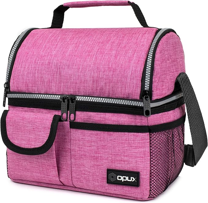 opux Lunch Bag Women Insulated, Adult Lunch Box Cooler, Lunch Box for Men, Dual Compartment Lunchbox for Work, Leakproof Double Decker Lunch Bag, Soft Lunch Pail Tote Girls Boys Kids School, Pink
