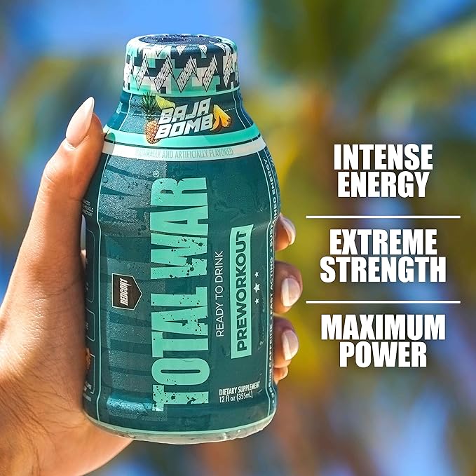 REDCON1 Total War Ready to Drink Preworkout, Baja Bomb - 350mg of Fast Acting RTD Caffeine - Beta Alanine + Citrulline Malate for Increased Pump (12 Servings)