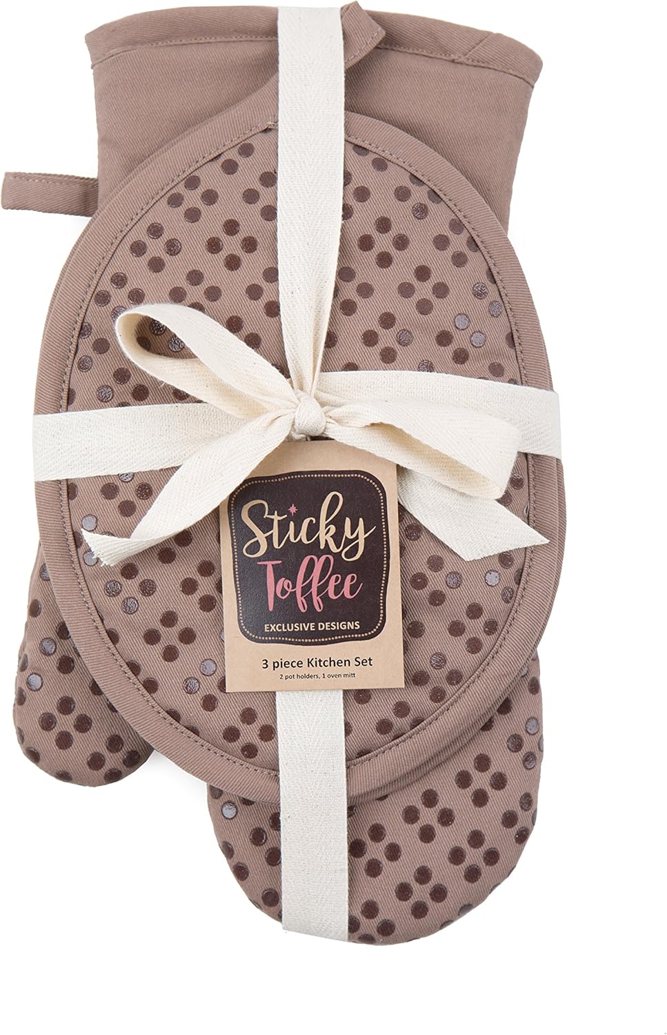 Sticky Toffee Oven Mitt and Pot Holder Set of 3 – Brown Non-Slip Silicone Kitchen Hot Pads and Mitts, 100% Cotton Shell, Oeko-Tex Cotton