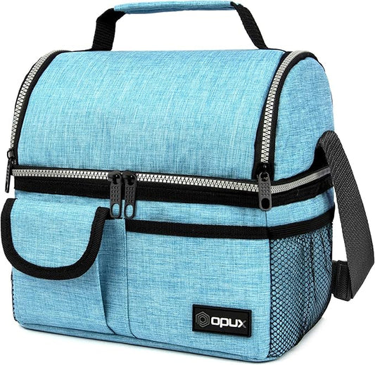 OPUX Lunch Box for Men, Adult Lunch Box Cooler, Insulated Lunch Bag Women, Dual Compartment Lunchbox for Work, Leakproof Double Decker Lunch Bag, Soft Lunch Pail Tote Boys Girls Kids School, Teal Blue
