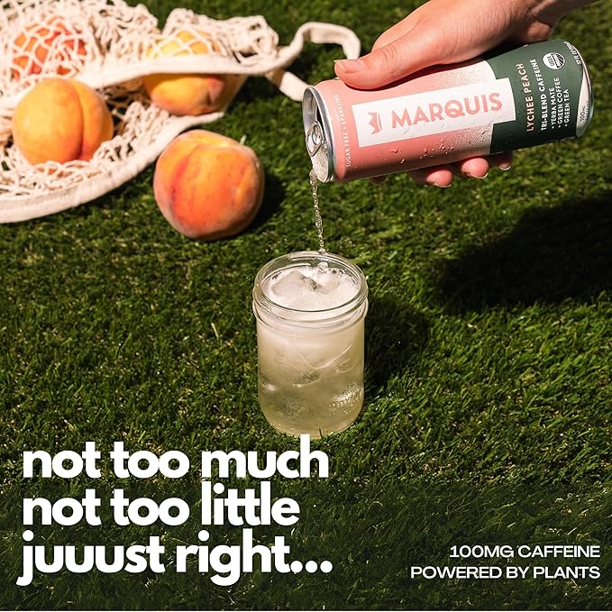Marquis - Natural Energy Drink - Lychee Peach - Sugar Free - 0 Calories - 100mg of Organic Plant Based Caffeine - Yerba Mate - Green Tea - Vitamin C & B Vitamins - Vegan - 12 oz Cans - 12 Pack