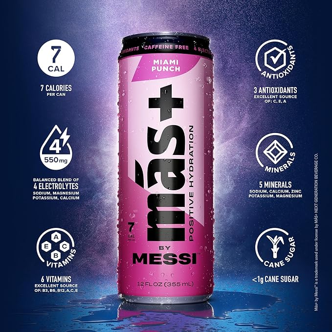 Más+ by Messi 12oz Variety Pack, Sports Drink & Hydration Beverage, Natural Flavors with Vitamins and Electrolytes, No Artificial Sweeteners or Colors, 12-pack