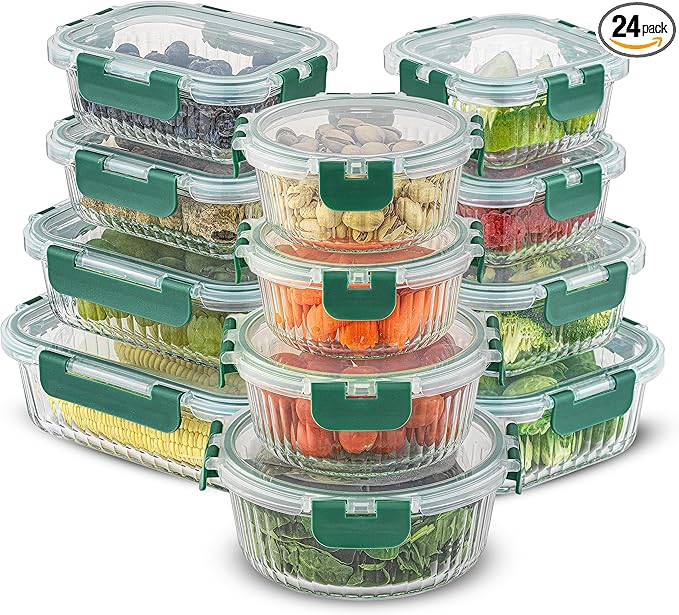 JoyJolt 24pc Borosilicate Glass Storage Containers with Lids | 12 Airtight/Freezer Safe Food Storage Containers for Pantry and Kitchen | Meal Prep Container for Lunch | Glass Tupperware Set
