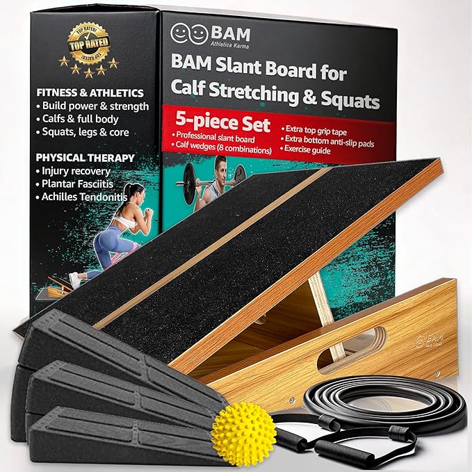 BAM's Adjustable Slant Board for Calf Stretching | Wide Slant Board for Squats & Calf Stretch | Professional Incline Board Calf Stretcher for Fitness & Physical Therapy (Plantar Fasciitis & Achilles)