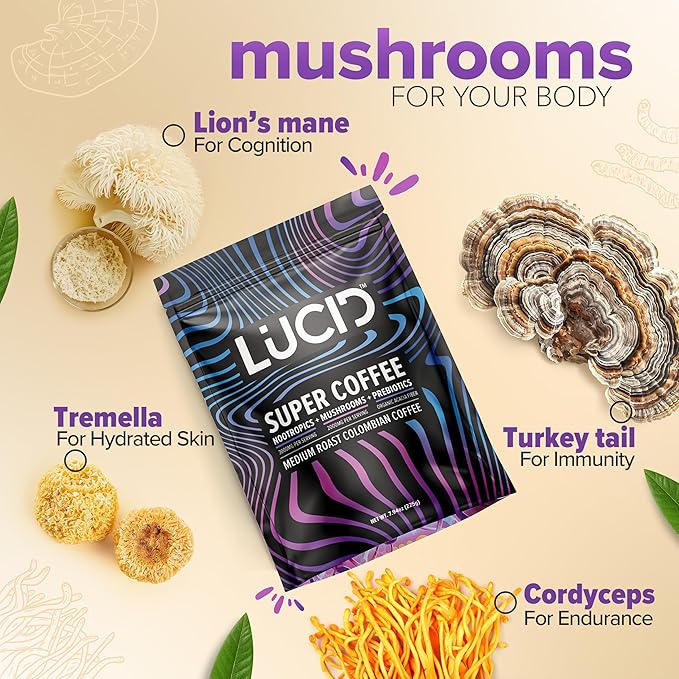 Lucid Superfood Organic Mushroom Coffee with Nootropics - Lion's Mane, Tremella, Cordyceps & Turkey Tail - Instant Mushroom Coffee Focus Brain Health - Alpha GPC, L-Theanine, Ginko Biloba - USA Made