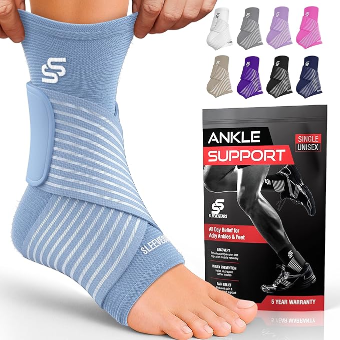 Sleeve Stars Ankle Brace for Women & Men, Ankle Wrap for Sprained Ankle, Compression Sleeve for Plantar Fasciitis Relief, Easy Customizable Support: w/Removable Strap (Single/S:9"-10"/Light Blue)