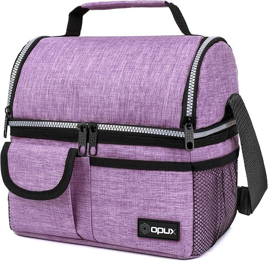 opux Lunch Bag Women Insulated, Adult Lunch Box Cooler, Lunch Box for Men, Dual Compartment Lunchbox for Work, Leakproof Double Decker Lunch Bag, Soft Lunch Pail Tote Girls Boys Kids School, Purple