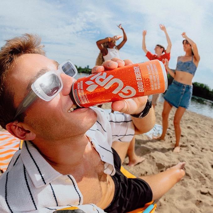 GURU Peach Mango Punch Organic Energy Drinks, Clean Energy Drink with Plant Based Natural Caffeine from Green Tea + Focus with L Theanine, Gluten Free and Vegan, 140MG Caffeine, 12oz (Pack of 24)