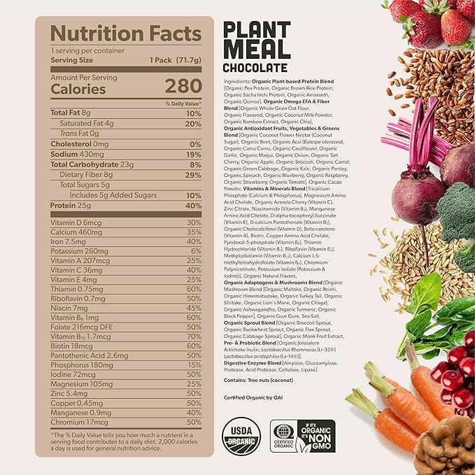 Plant Meal Replacement Shake - Chocolate - 25g of Plant Based Vegan Protein Powder, 76+ Organic Superfoods, Vitamins & Minerals, Mushrooms, Super Greens, Digestive Enzymes & Probiotics - 1 Serving