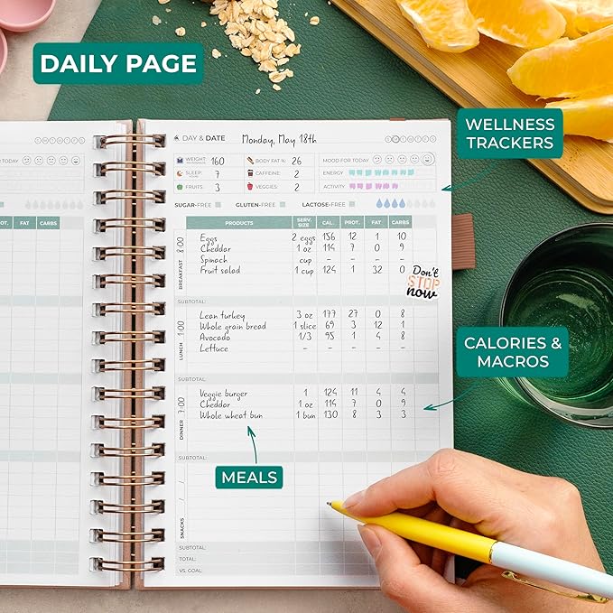 Clever Fox Food Journal Spiral - Daily Food Diary, Meal Prep Planner to Track Calories & Nutrients, Weight Loss Tracker Notebook (Rose Gold)