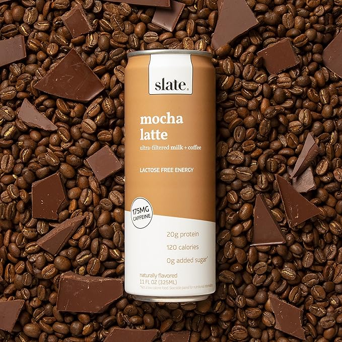 Slate Milk - High Protein Iced Coffee - Mocha Latte - 175mg Caffeine, Lactose Free Energy - 20g Protein, 1g Sugar, 110 Calories, 3g Net Carbs, No Sugar Added - Protein Coffee - 11 fl oz, 12 Cans