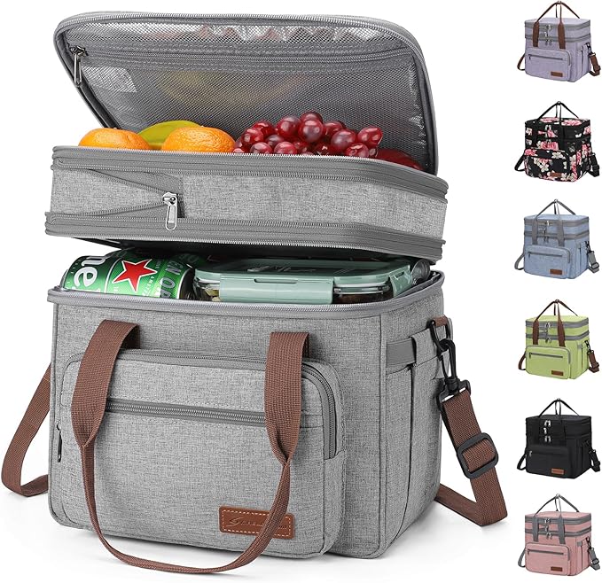 Maelstrom 23L Insulated Lunch Box For Men Women,Expandable Double Deck Lunch Cooler Bag,Lightweight Leakproof Tote Bag With Side Tissue Pocket,Gray