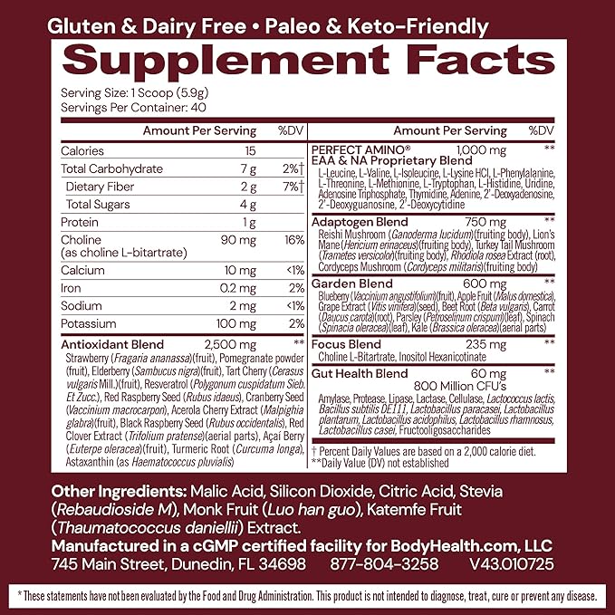 BodyHealth Reds Enhanced with PerfectAmino - Daily Superfood Smoothie Powder with Antioxidants, Adaptogens, Phytonutrients, Fruit, Prebiotics, Probiotics, Fiber, and Protein - 40 Servings