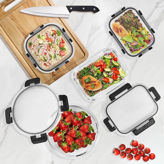 Sorbus 20pc Glass Meal Prep Containers Set – 10 Glass Food Storage Containers (21.3oz, 2.6 Cups) with Airtight Lids – Freezer, Dishwasher, and Oven Safe – Reusable Containers for Meal Prep and Storage