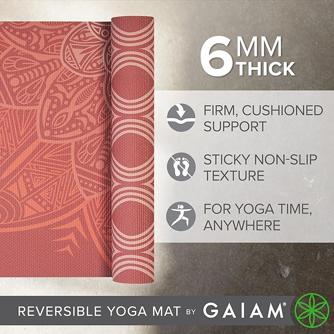 Gaiam Yoga Mat - Premium 6mm Print Reversible Extra Thick Non Slip Exercise & Fitness Mat for All Types of Yoga, Pilates & Floor Workouts (68" x 24" x 6mm Thick)