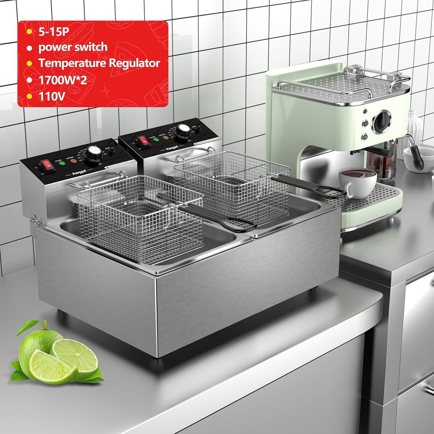 Commercial Deep Fryer with Baskets Stainless Steel Double Deep Fryer with 2 Baskets Capacity 10L X 2(21.3QT) Electric Countertop Fryer for Restaurant and Home Use, 110V 3400W