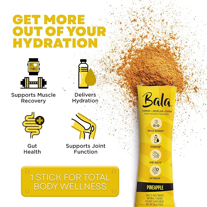 Bala Enzyme Hydration & Sugar-Free Drink Mix - Turmeric, Bromelain, Papain - Immunity, Mobility - Pineapple 0.25oz (30 Count)