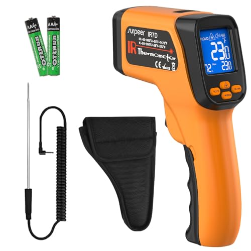 Infrared Thermometer Temperature Gun, Non-Contact Digital Laser Temp -58°F to 1472°F, K-Type Probe -58°F to 572°F, for Cooking, Pizza Oven, BBQ, HVAC, Home & Industrial