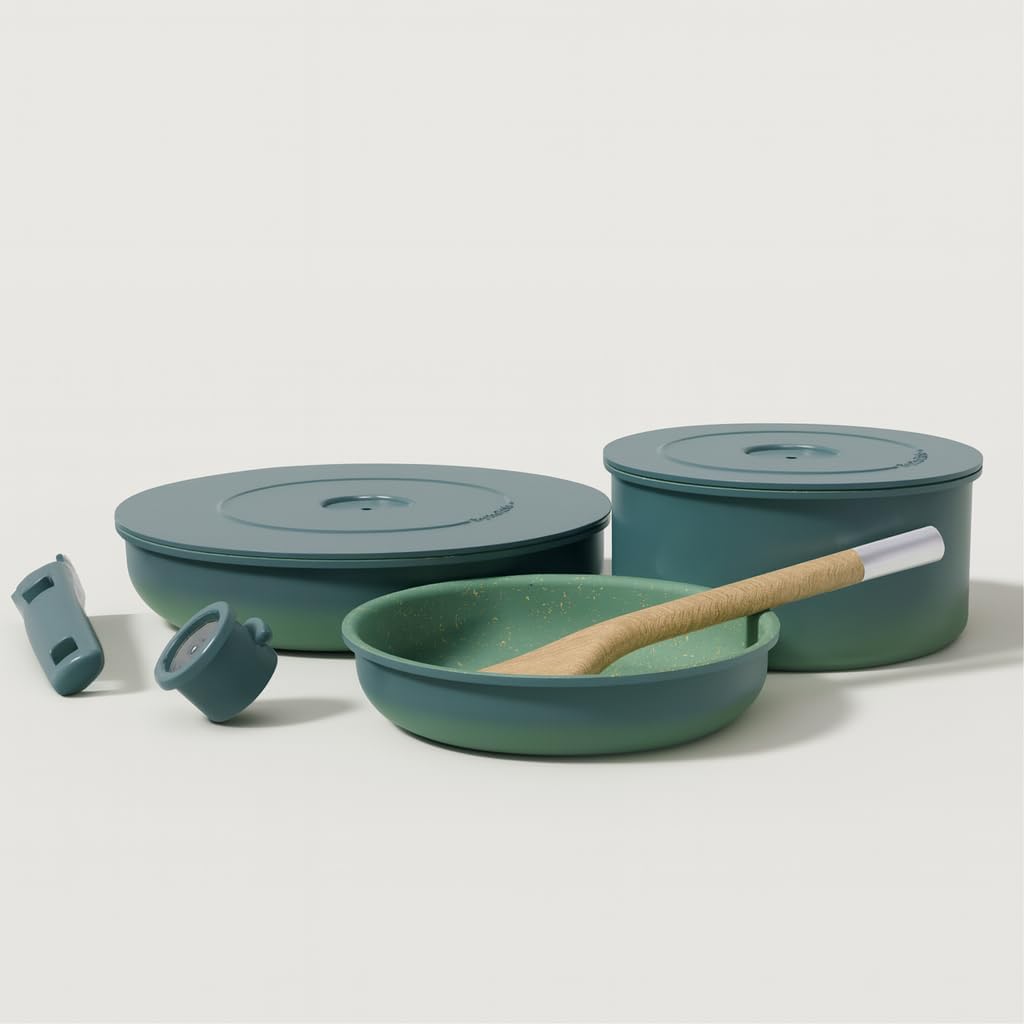 BytheTable Ombré Ceramic Titanium Non-Toxic, Nonstick Cookware Set 8-Piece Modular System with Removable Handle and Magnetic Lid, Magnetic Spatula, Eco-Friendly, Oven & Dishwasher Safe (Green)