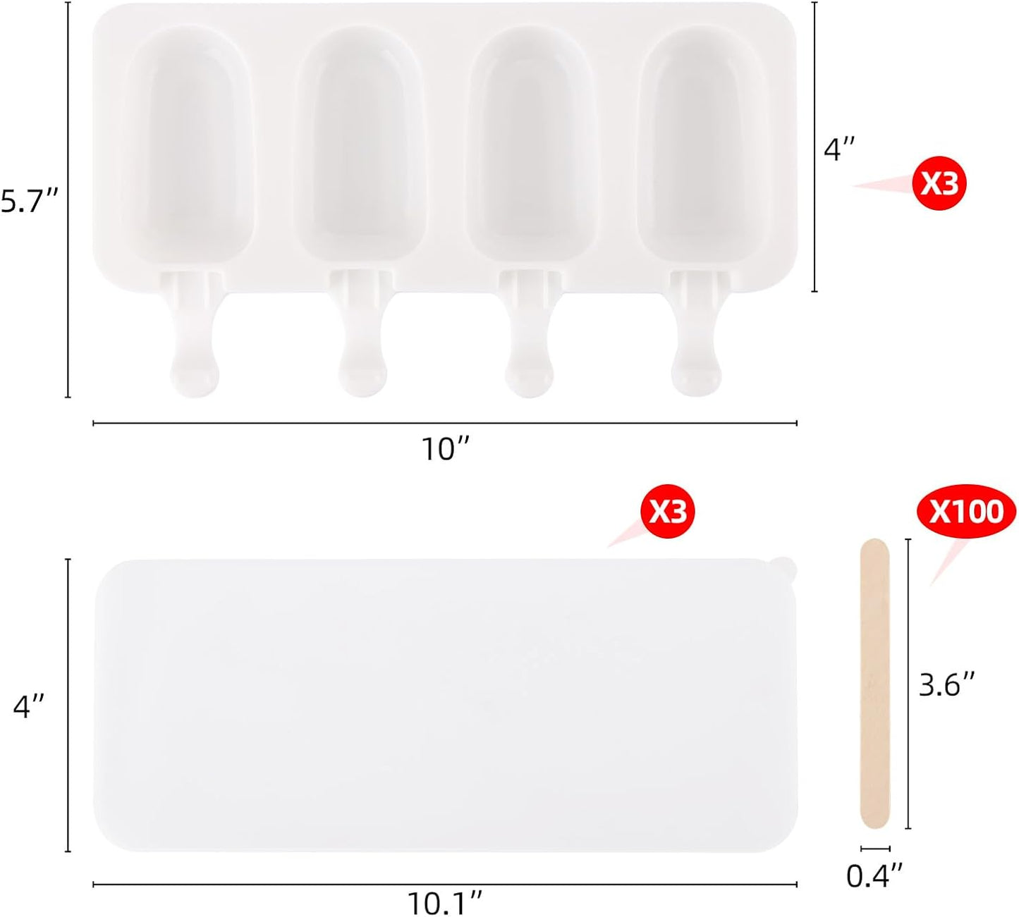 3 Set Popsicles Molds with Lids and 100 Pcs Wooden Popsicles Sticks, Standard Size 4 Cavities Silicone Ice Pop Molds for Making Cakesicles, Cake Pops, Ice Cream - BPA Free