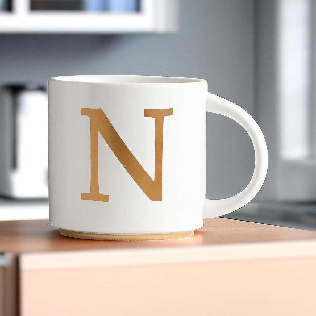 COLLECTIVE HOME - Monogram Ceramic Mugs, 15 oz Golden Initial Coffee Cups, Elegant Alphabet Tea Mugs, Elegant Personalized Mug with Gift Box, Unique Mug with Double Side Capital Letter (N)
