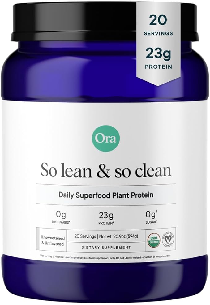 Ora Organic Vegan Protein Powder - 23g Plant Based Pea Protein + Superfood for Women and Men - Unsweetened & Unflavored - 20 Servings, No Erythritol, Keto-Friendly, Gluten-Free, Paleo, Soy-Free