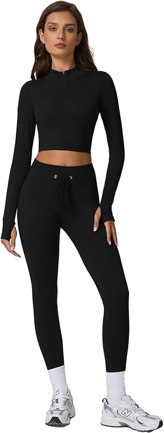 QINSEN Workout Sets for Women 2 Piece Seamless Long Sleeve Crop Tops Ribbed High Waist Leggings