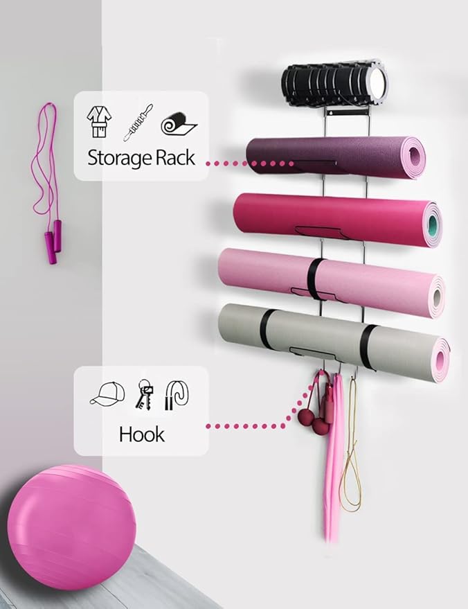 MRZZATA 5-Tiers Yoga Mat Holder Wall Mount, Metal Storage Rack for Mats/Wheels, Foam Roller and Block, Wall Rack with 3-Hooks for Hanging Stretching Strap, Resistance Bands, Yoga Accessories