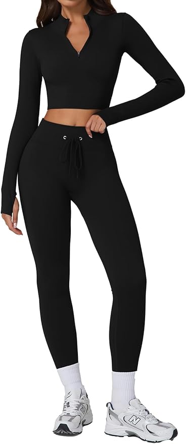 QINSEN Workout Sets for Women 2 Piece Seamless Long Sleeve Crop Tops Ribbed High Waist Leggings