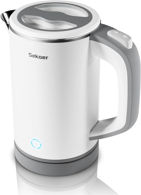 Sekaer Small Electric Tea Kettle Stainless Steel 0.8L Portable Travel Hot Water Boiler, Mini Electric Coffee Kettle with Auto Shut-Off & Boil Dry Protection, Cordless Base & White