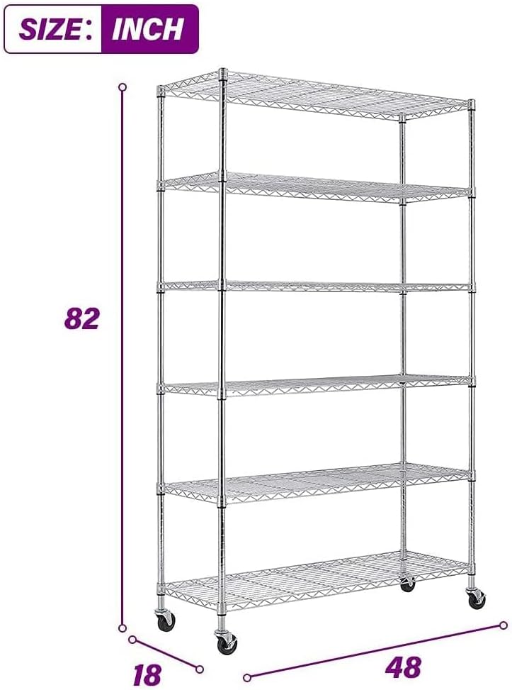 FDW 48"L×18"W×82"H Wire Shelving Unit Storage Cart Metal Shelf Rolling Utility Cart 2100Lbs Capacity with 6 Tier Casters Adjustable Layer Rack Strong Steel for Restaurant Garage Pantry Kitchen,Chrome