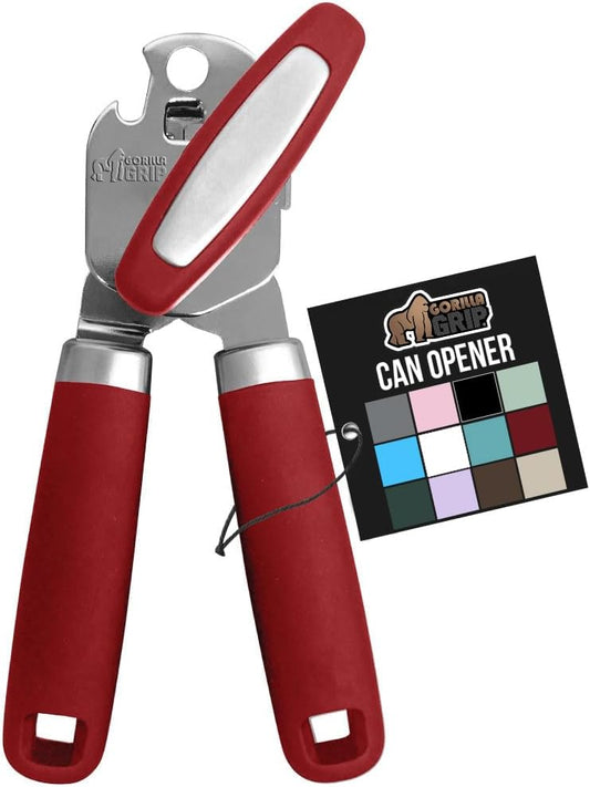 GORILLA GRIP Heavy Duty Stainless Steel Smooth Edge Manual Can Opener and Bottle Openers, Soft Comfortable Handle, Oversized Handheld Turn Knob, US Designed Multifunctional Kitchen Tool, Red