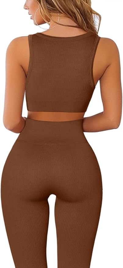 QINSEN Workout Outfits for Women 2 Piece Ribbed Seamless Crop Tank High Waist Yoga Leggings Sets