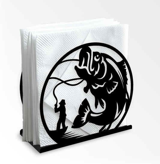 Fishing Decorative Black Metal Napkin Holder for Table, 5.3" x 4.9" x 1.9" Fisherman Fish Standing Napkin Holder for Home Kitchen Restaurant Picnic Party Coffee Bar Dining Room