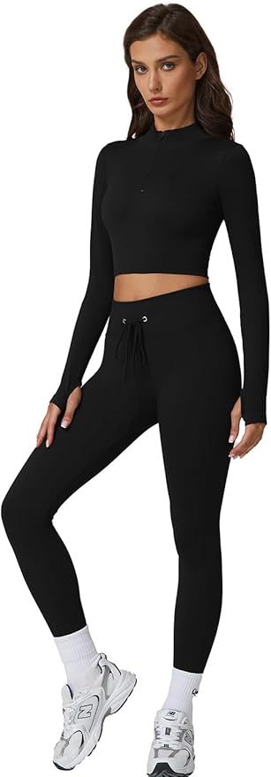QINSEN Workout Sets for Women 2 Piece Seamless Long Sleeve Crop Tops Ribbed High Waist Leggings