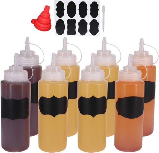 8 Pack 16-Ounce Plastic Squeeze Bottles for Food, Crafts, Art, Multi Purpose Set of 8 with extra 8 Chalk Labels and 1 Pen