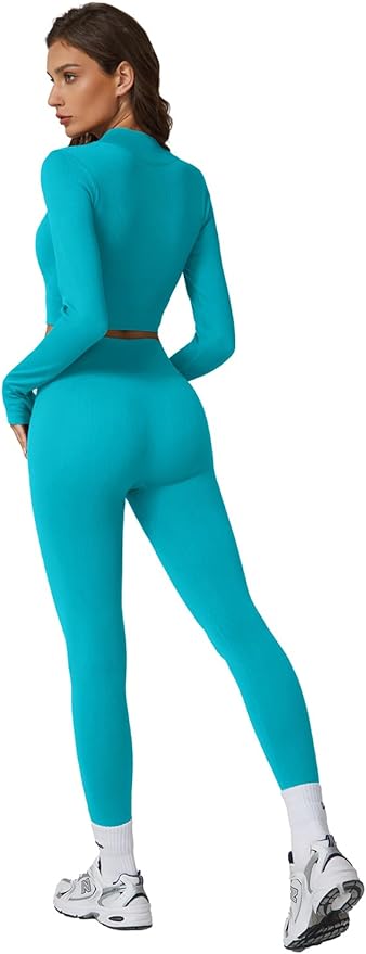 QINSEN Workout Sets for Women 2 Piece Seamless Long Sleeve Crop Tops Ribbed High Waist Leggings