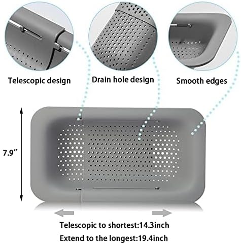 Collapsible Sink Colanders and Strainers Basket Over the Sink Colander Collapsible Colander Extendable Plastic Fruit Vegetable Strainer Drainer Basket for Kitchen(Length 14.3-19.4 inch)(Gray Set of 2)