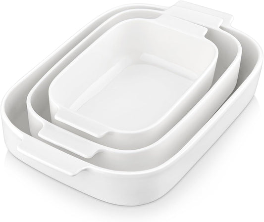 MALACASA Casserole Dishes for Oven, Porcelain Baking Dishes Set of 3, Durable Casserole Dish Set Lasagna Pan Deep, Ceramic Bakeware Sets with Handles, White (13.8''/11.7''/9.4''), Series Bake