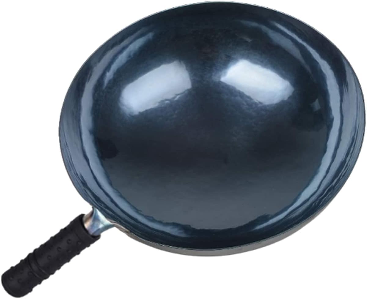 shuoguoleilei Chinese Hand Hammered Iron Woks Set, Non-stick No Coating Preseasoned Wok Blue Round Bottom Wok Pan For Electric, Induction and Gas Stoves （Blue Black-14）