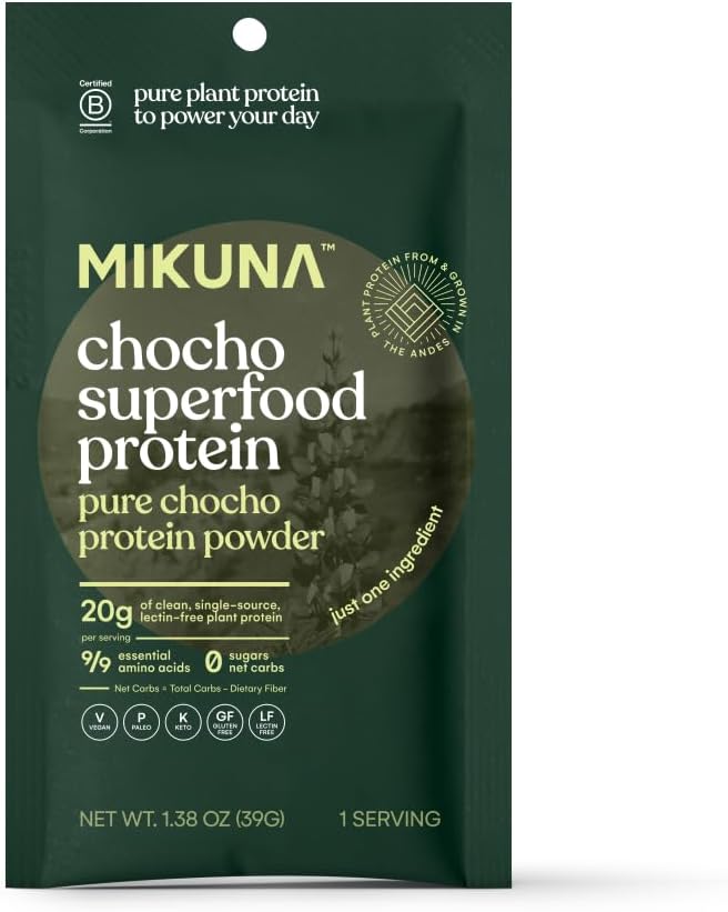 Mikuna Chocho Superfood Protein, Plant-Based Protein Powder, Travel Packs - Vegan, Gluten Free, 3g Net Carbs or Less, and Bioavailable, Non-Isolate (8 Servings, Pure Chocho)