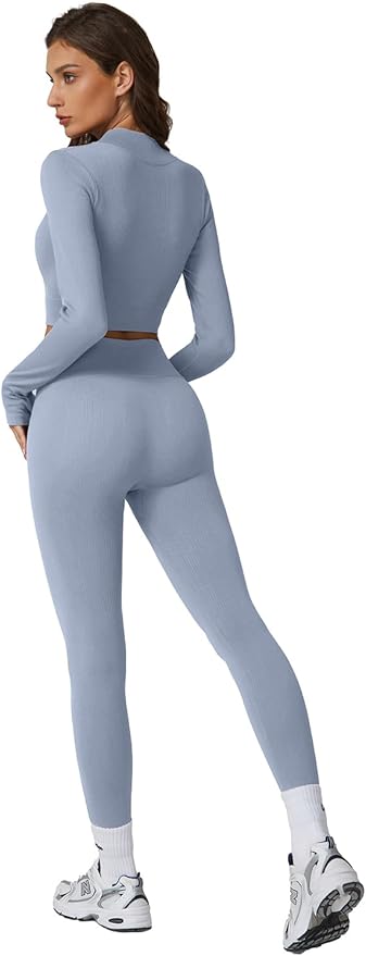 QINSEN Workout Sets for Women 2 Piece Seamless Long Sleeve Crop Tops Ribbed High Waist Leggings
