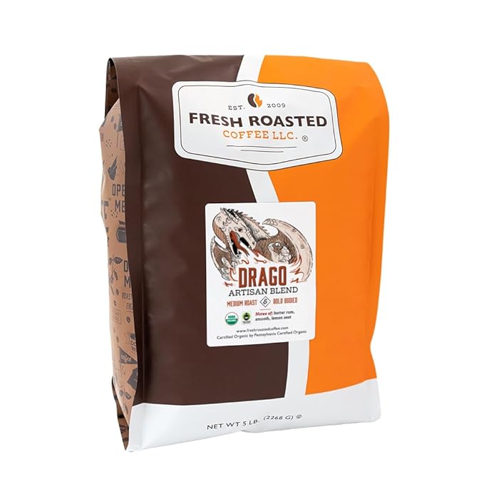 Fresh Roasted Coffee, Organic Drago Café Blend | USDA Organic, Kosher | Medium Roast 5 lb (80 oz) Whole Bean