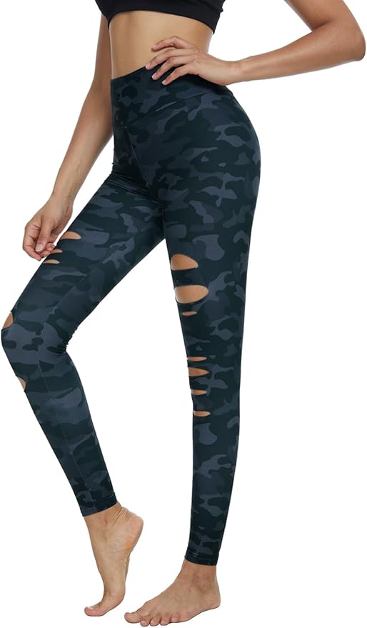 DIBAOLONG Womens High Waist Yoga Pants Cutout Ripped Tummy Control Workout Running Yoga Skinny Leggings