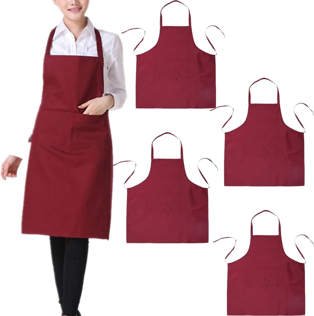 Bringsine 4 Pack Bib Chef Apron - Unisex with 2 Pockets,Machine Washable for Men and Women,Kitchen Resistant Cooking BBQ Aprons Bulk(Burgundy)